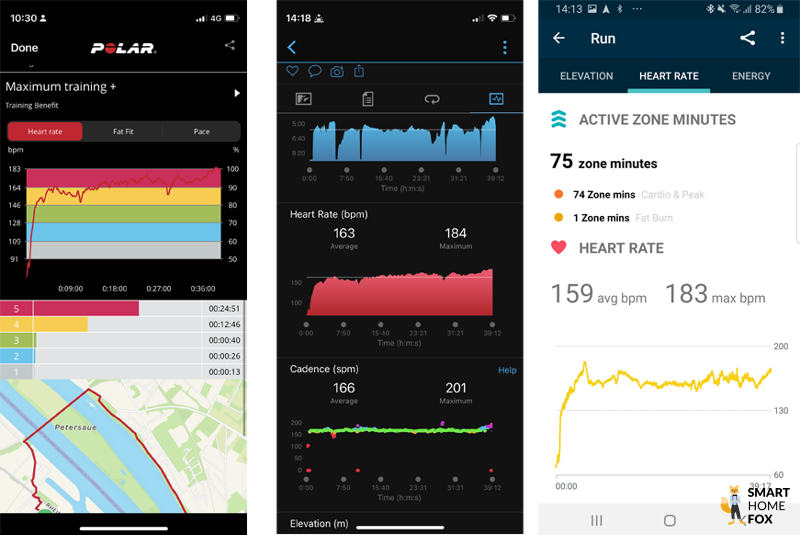 Man sieht die aufgezeichneten Daten des Polar H10 Brustgurts, der Garmin vivoactive 4 und der Google Pixel Watch.